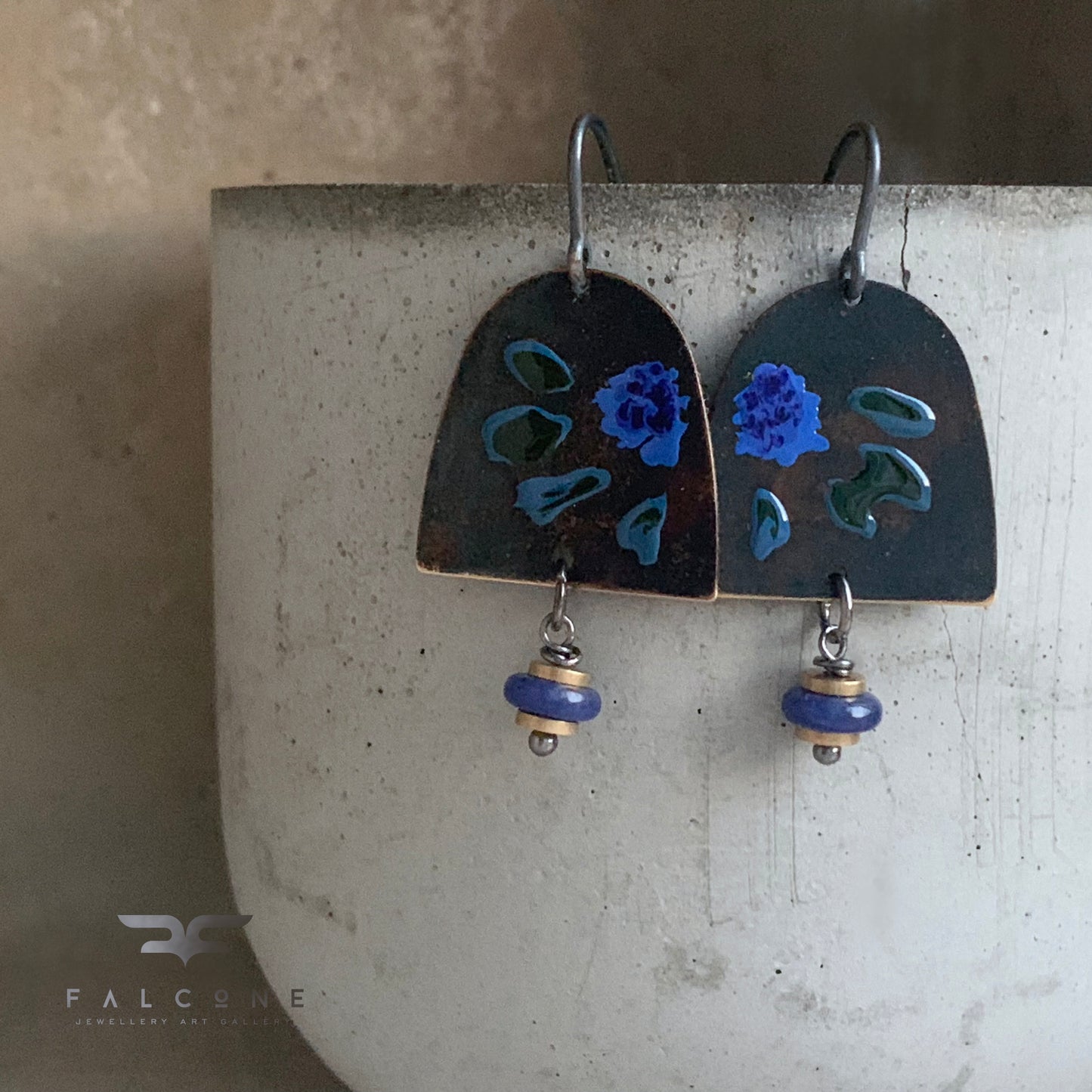 Brass, Sodalite, and Silver Earrings 'Dark Green & Blue Flower'