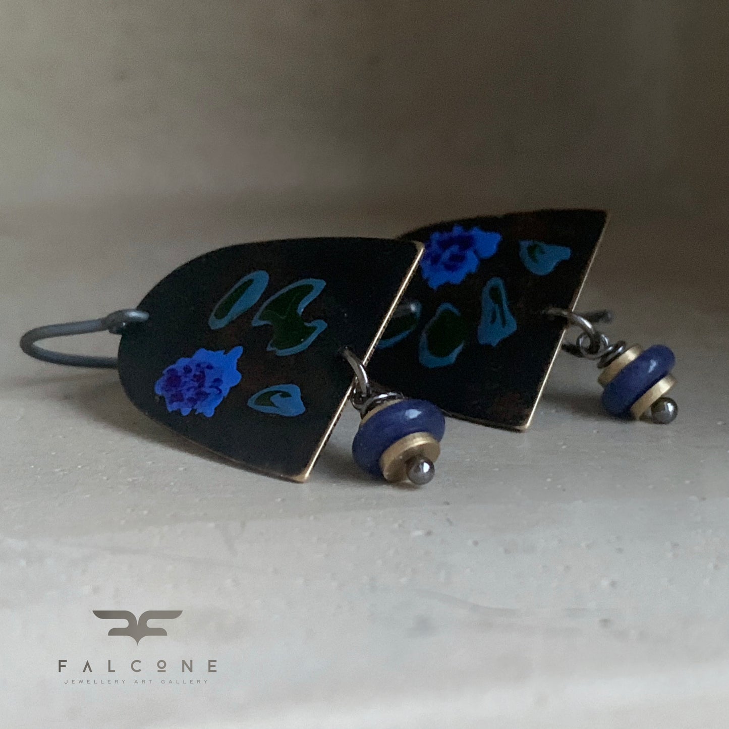 Brass, Sodalite, and Silver Earrings 'Dark Green & Blue Flower'