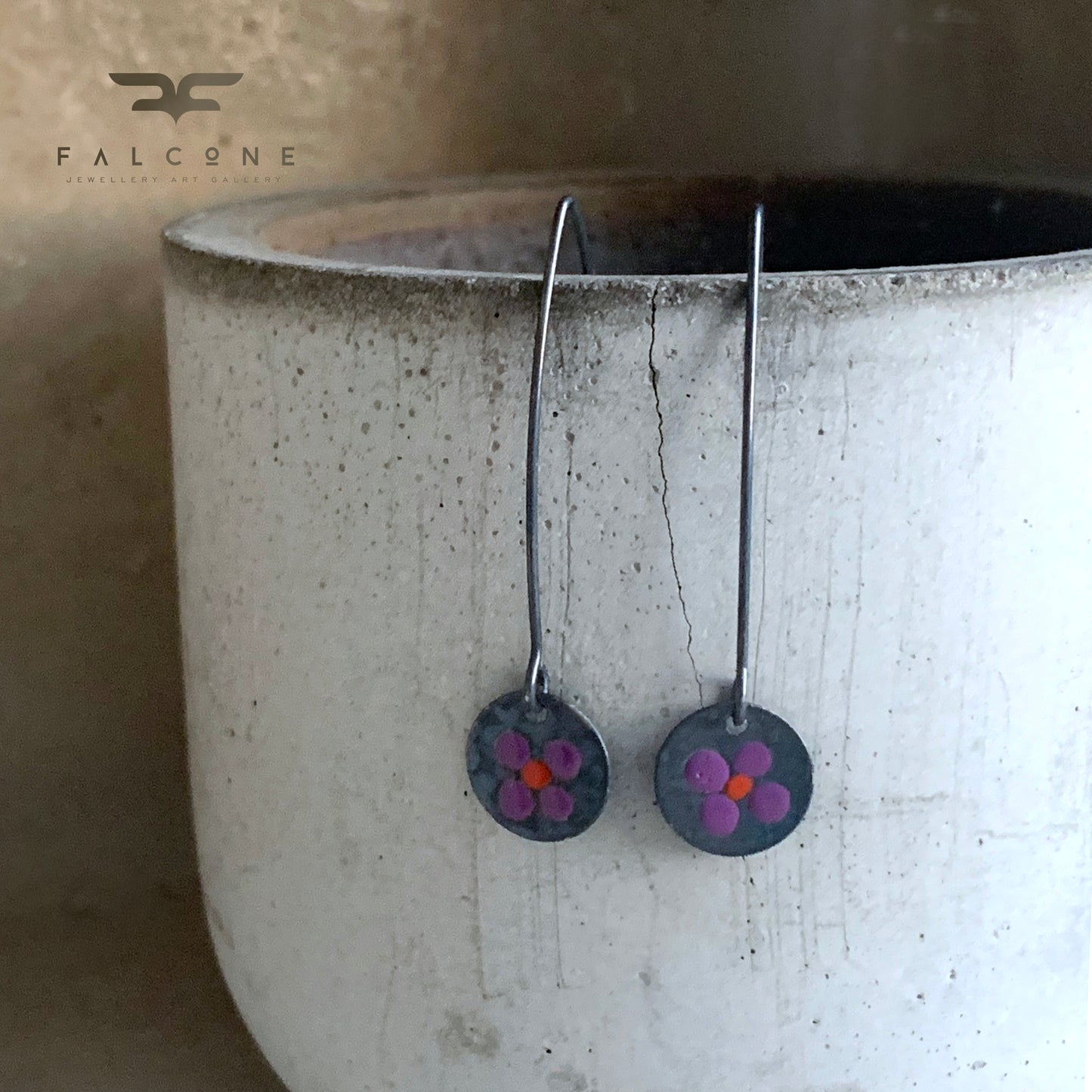 Enamelled Sterling Silver Earrings 'Wildflowers - Dark Purple & Red'