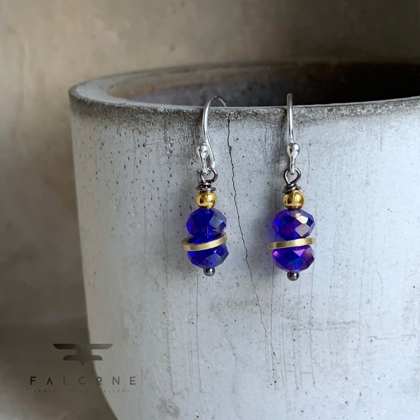 Brass, Silver, and Crystal Rondelle Earrings 'Dark Sapphire With Golden Rings'