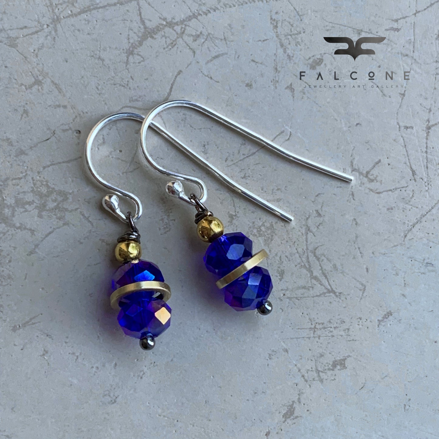 Brass, Silver, and Crystal Rondelle Earrings 'Dark Sapphire With Golden Rings'