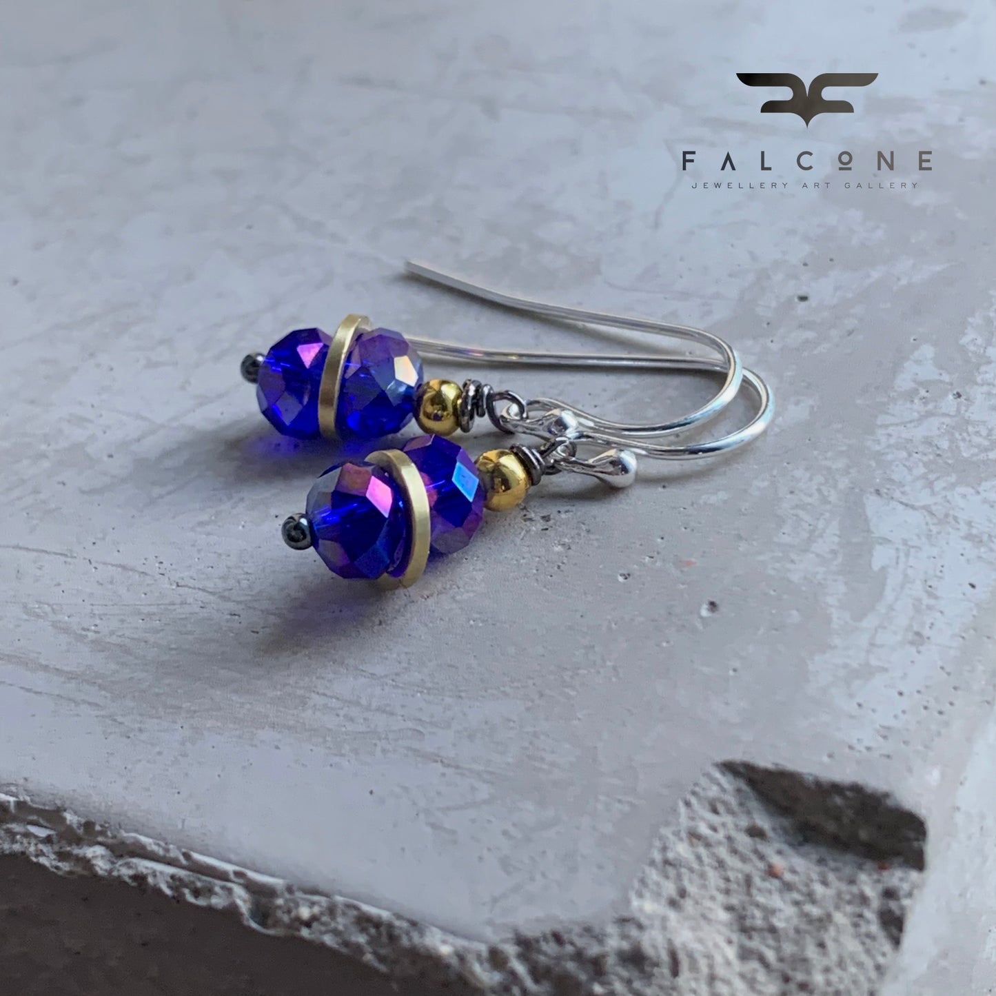 Brass, Silver, and Crystal Rondelle Earrings 'Dark Sapphire With Golden Rings'