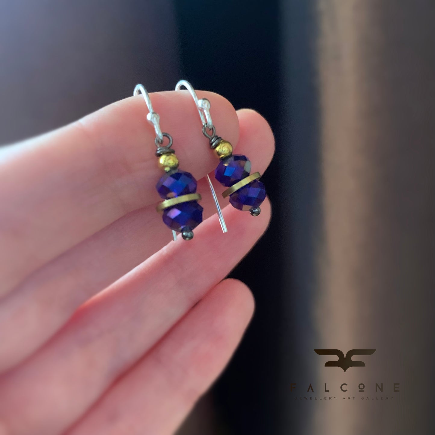 Brass, Silver, and Crystal Rondelle Earrings 'Dark Sapphire With Golden Rings'