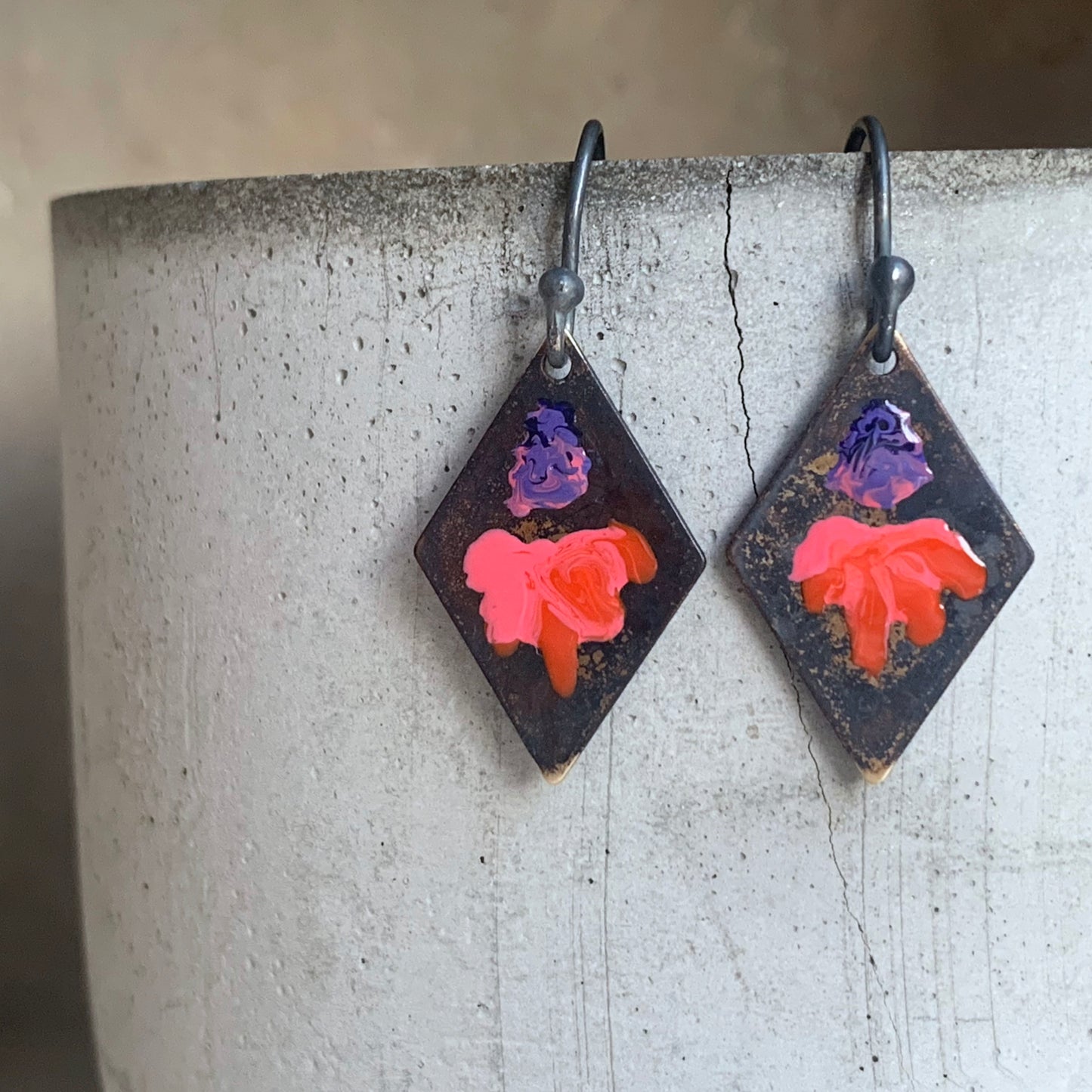 Geometric earrings with brass & silver 'Little Flowers - Violet and Orange with Pink 2'