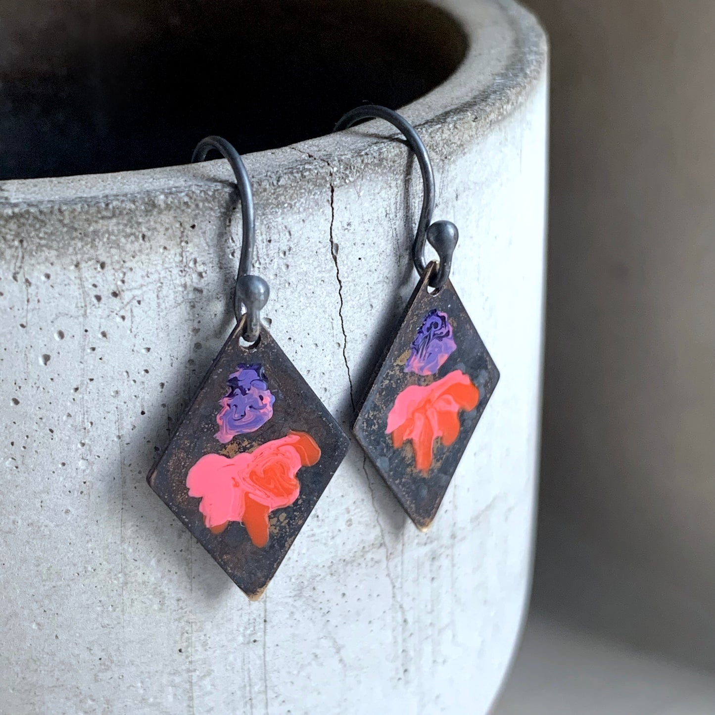 Geometric earrings with brass & silver 'Little Flowers - Violet and Orange with Pink 2'