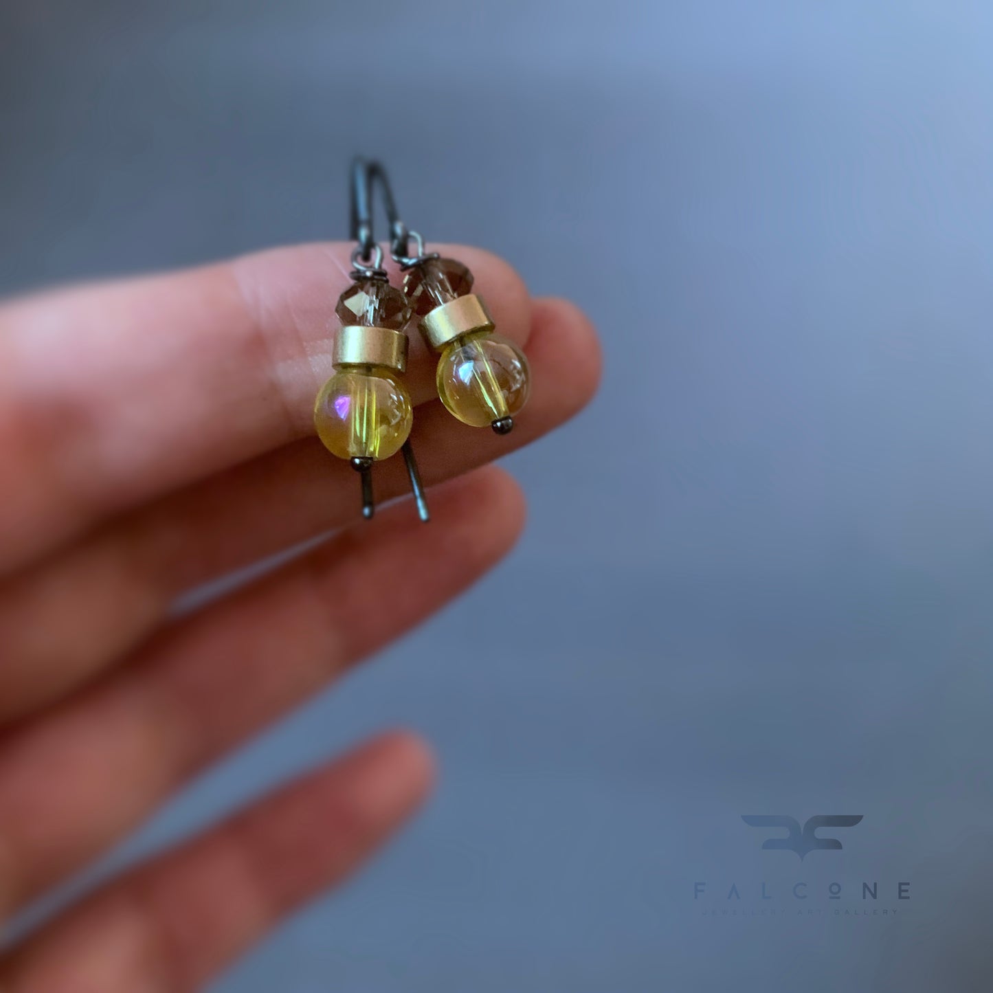 Pendientes de latón, vidrio y plata 'Limón'