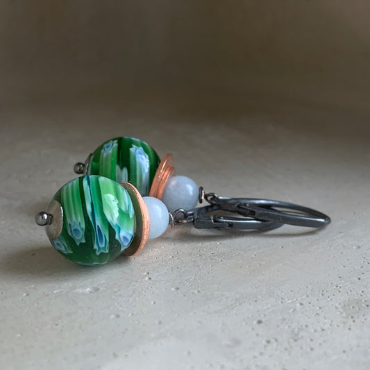 Glass, Jadeite, Copper and Silver Earrings 'Green Millefiori - Baby Blue Accent'
