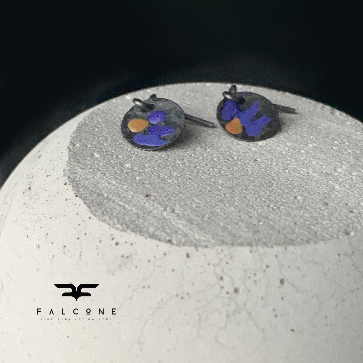 Silver stud earrings 'Mini Wild Flowers - Violet and Ochre'