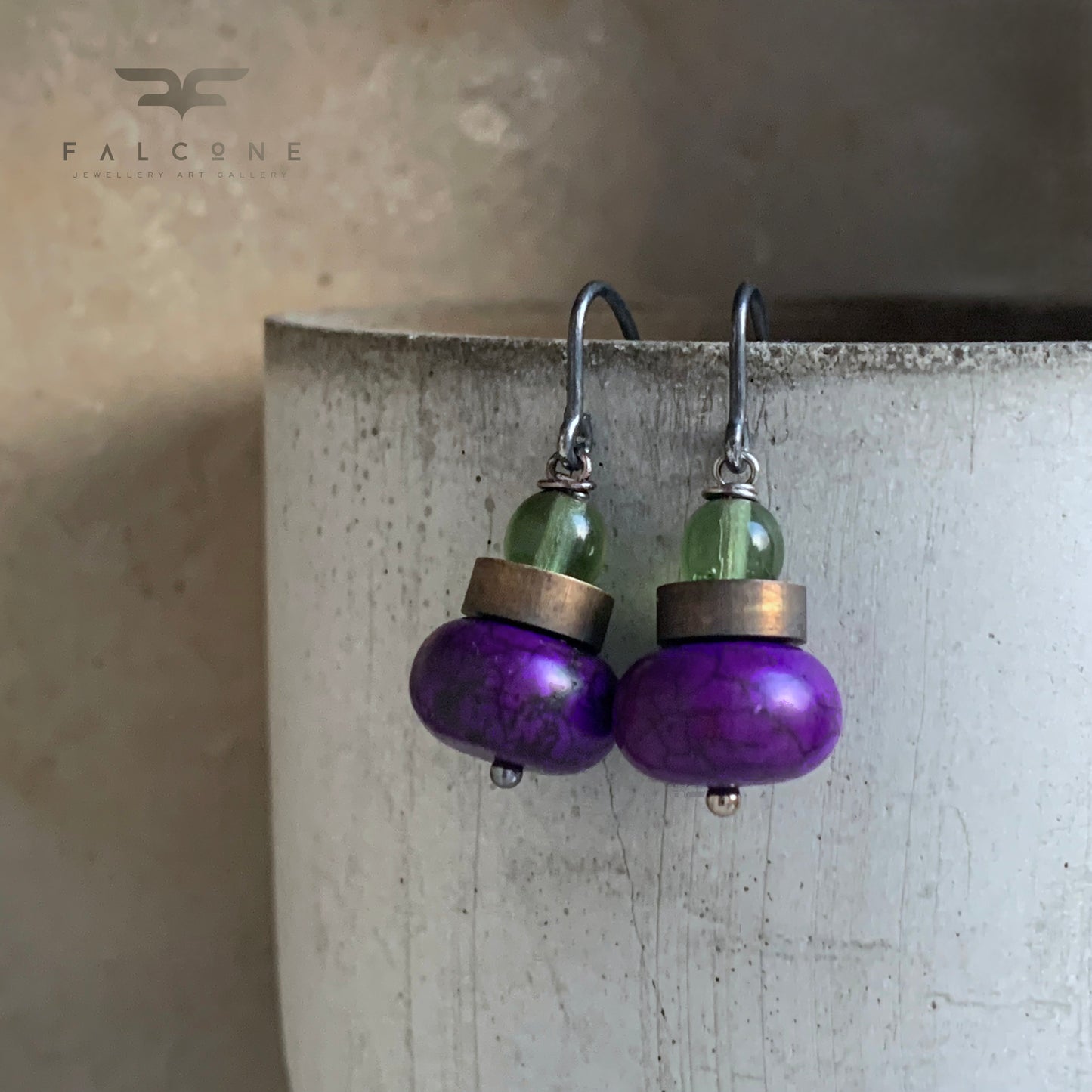 Howlite, Brass and Silver Earrings 'Dark Purple & Accent Green'