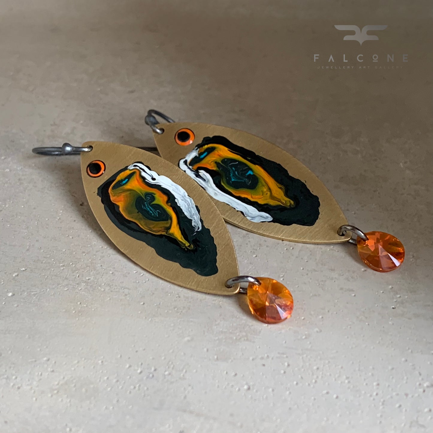 Brass, Silver & Swarovski Earrings 'Fish With Orange Tails'