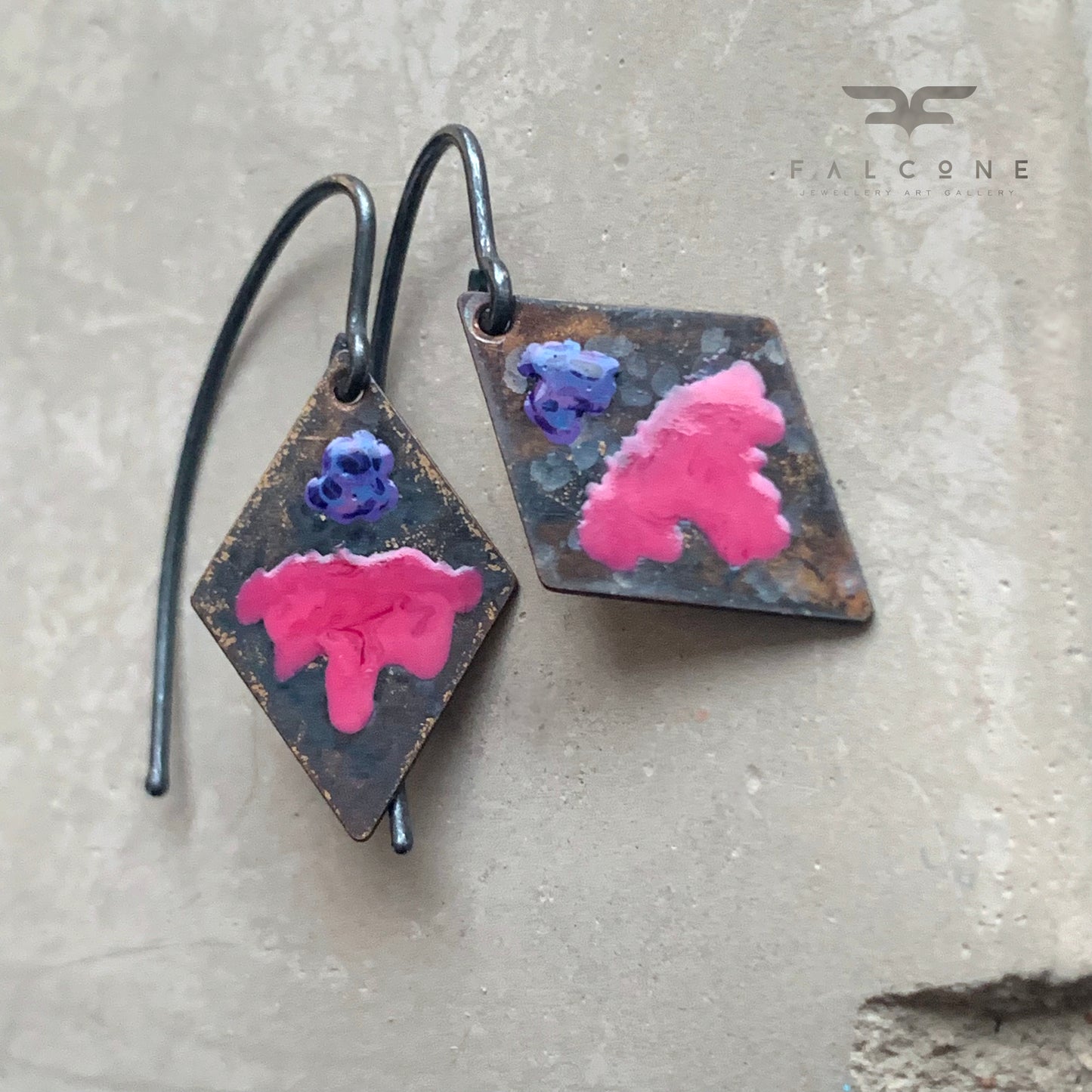 Brass and Sterling Silver Earrings 'Little Flowers - Cold Rose & Blue'