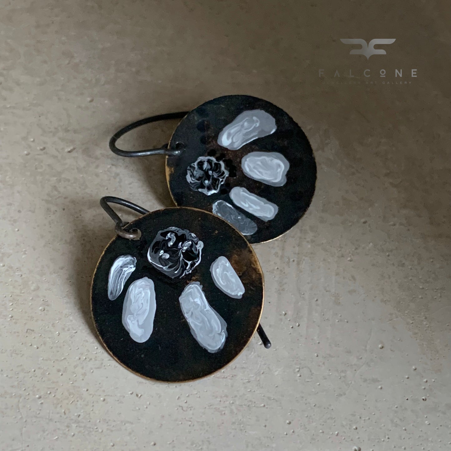 Brass and Sterling Silver Earrings 'White & Black Flower'