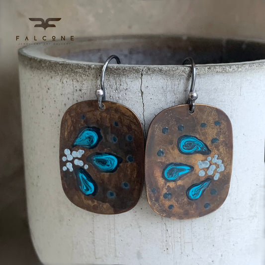 Brass and Sterling Silver Earrings 'Geometric Flower - Dark Turquoise Petals'