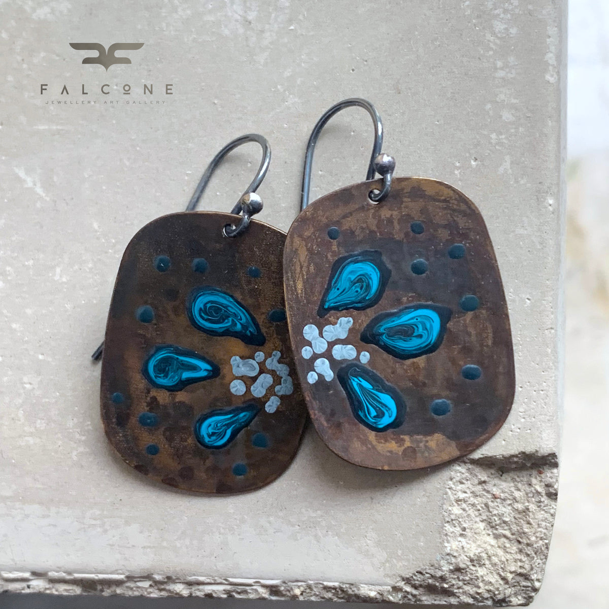 Brass and Sterling Silver Earrings 'Geometric Flower - Dark Turquoise Petals'