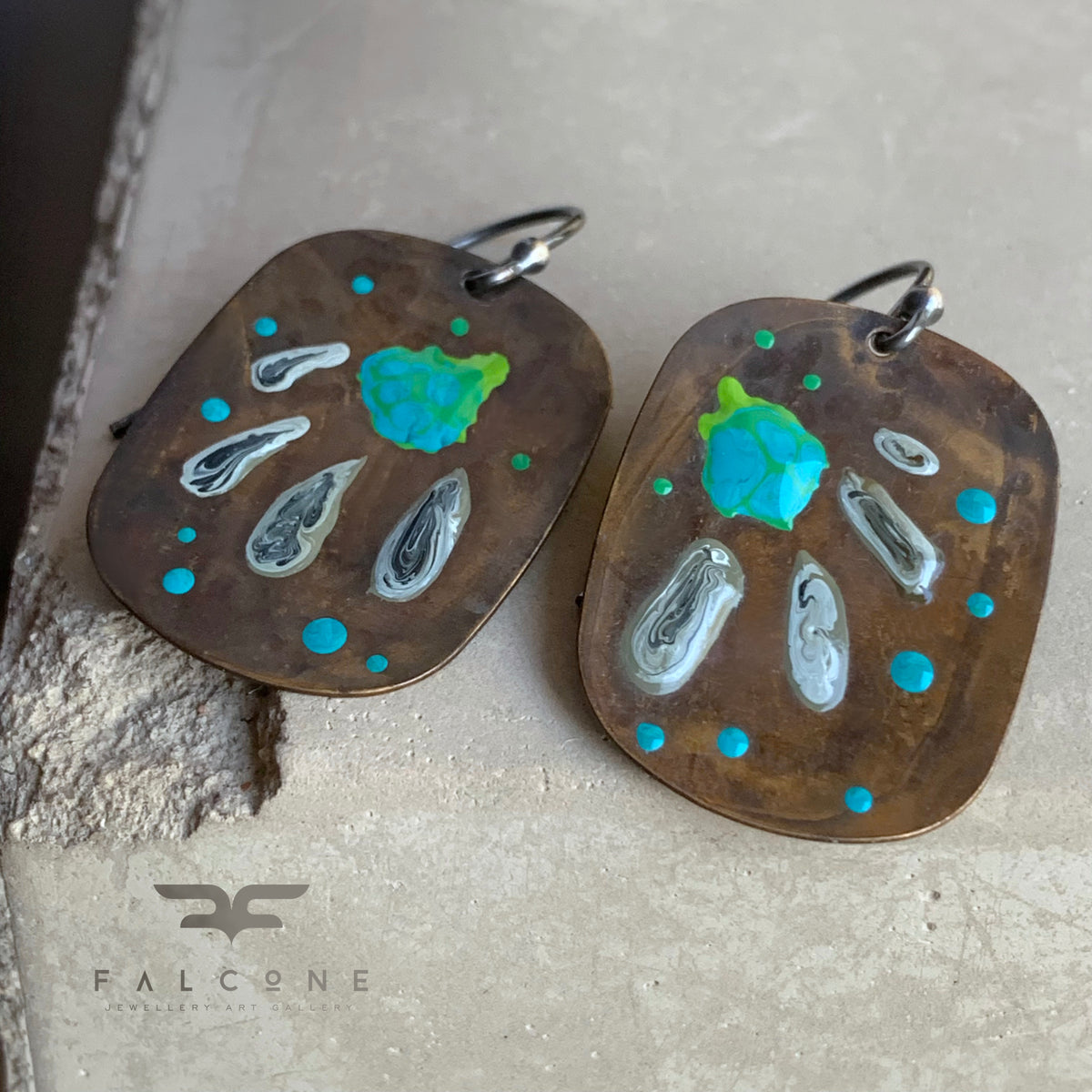 Brass and Sterling Silver Earrings 'Geometric Flower - Turquoise & Ash'