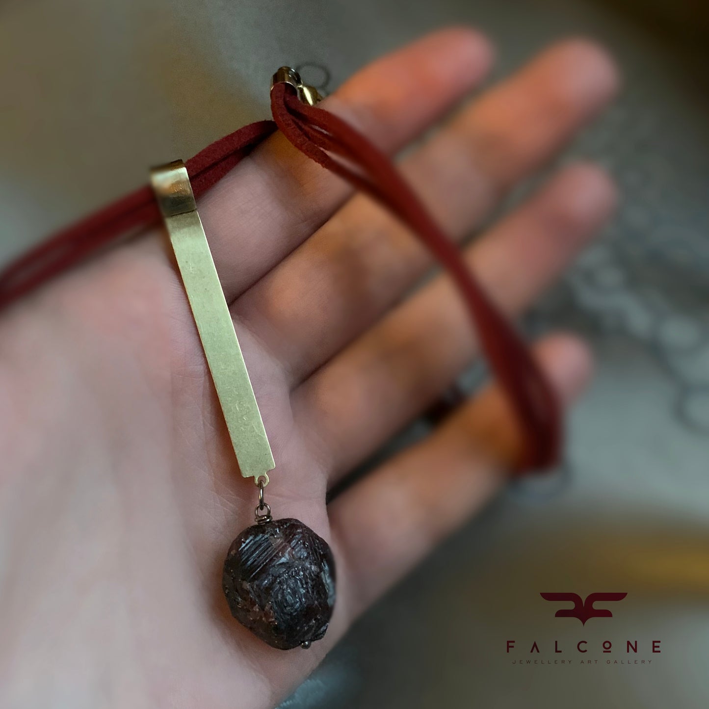 Brass and Stone Pendant Necklace 'Burgundy with Garnet'