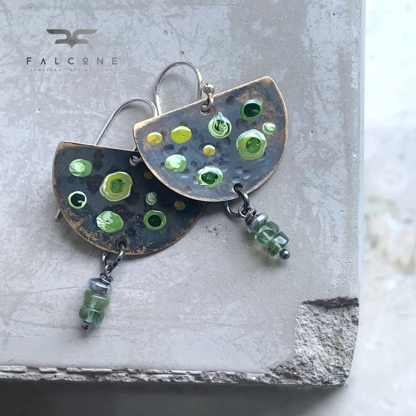 Brass, Apatite, and Silver Earrings 'Green Dots & Apatite'