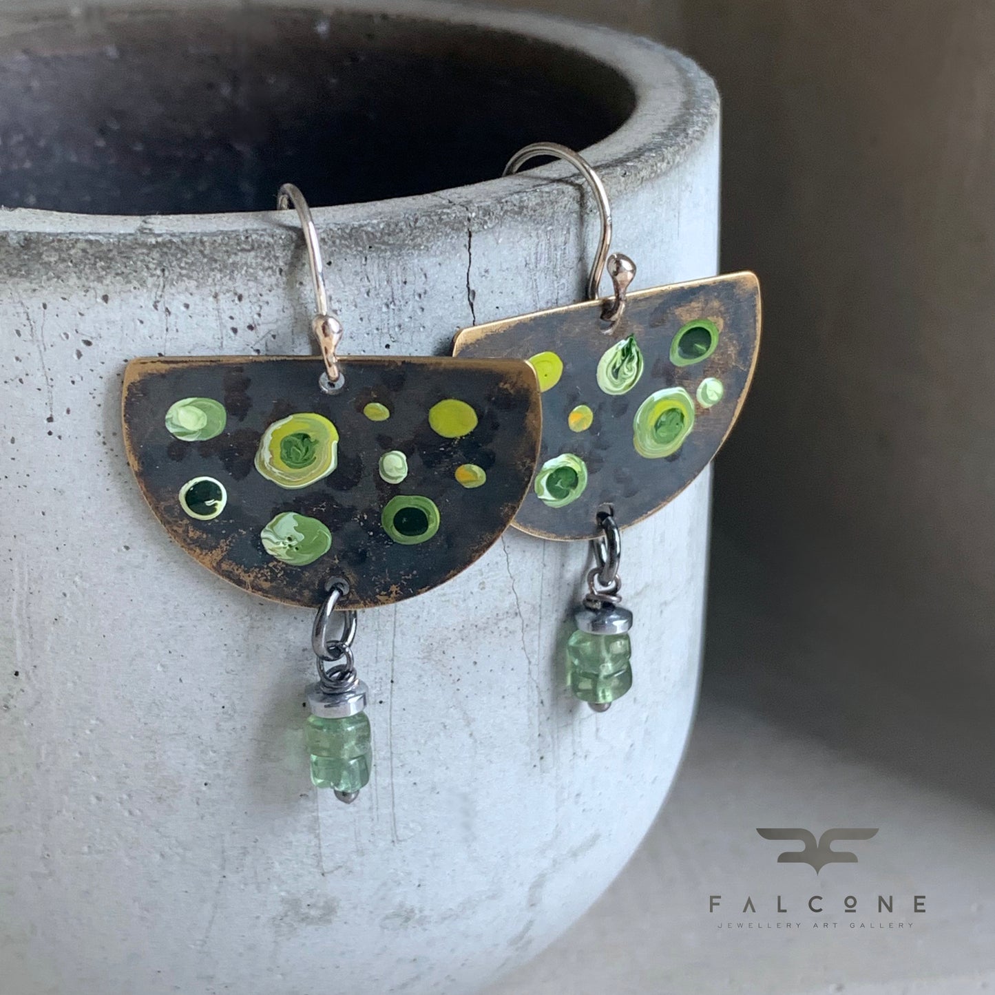 Brass, Apatite, and Silver Earrings 'Green Dots & Apatite'