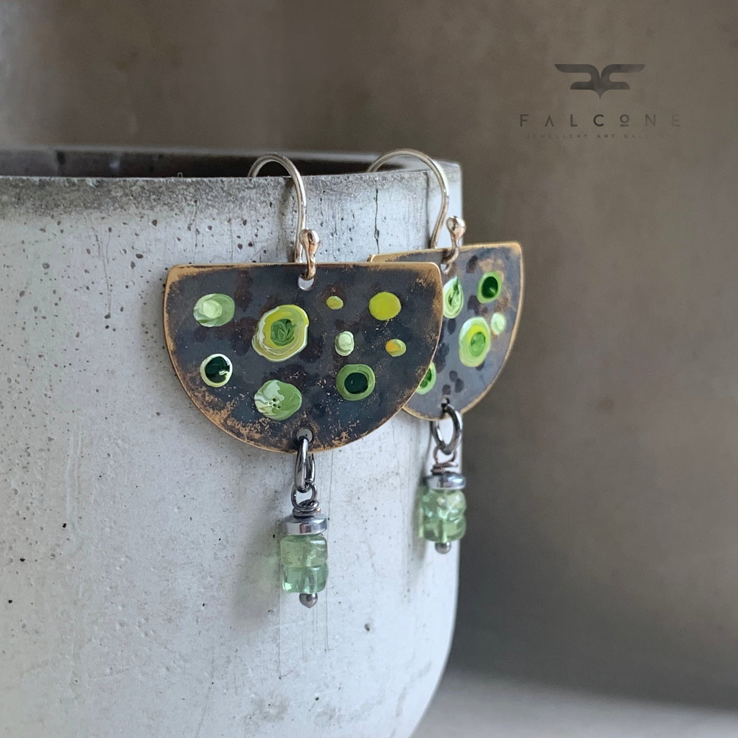 Brass, Apatite, and Silver Earrings 'Green Dots & Apatite'