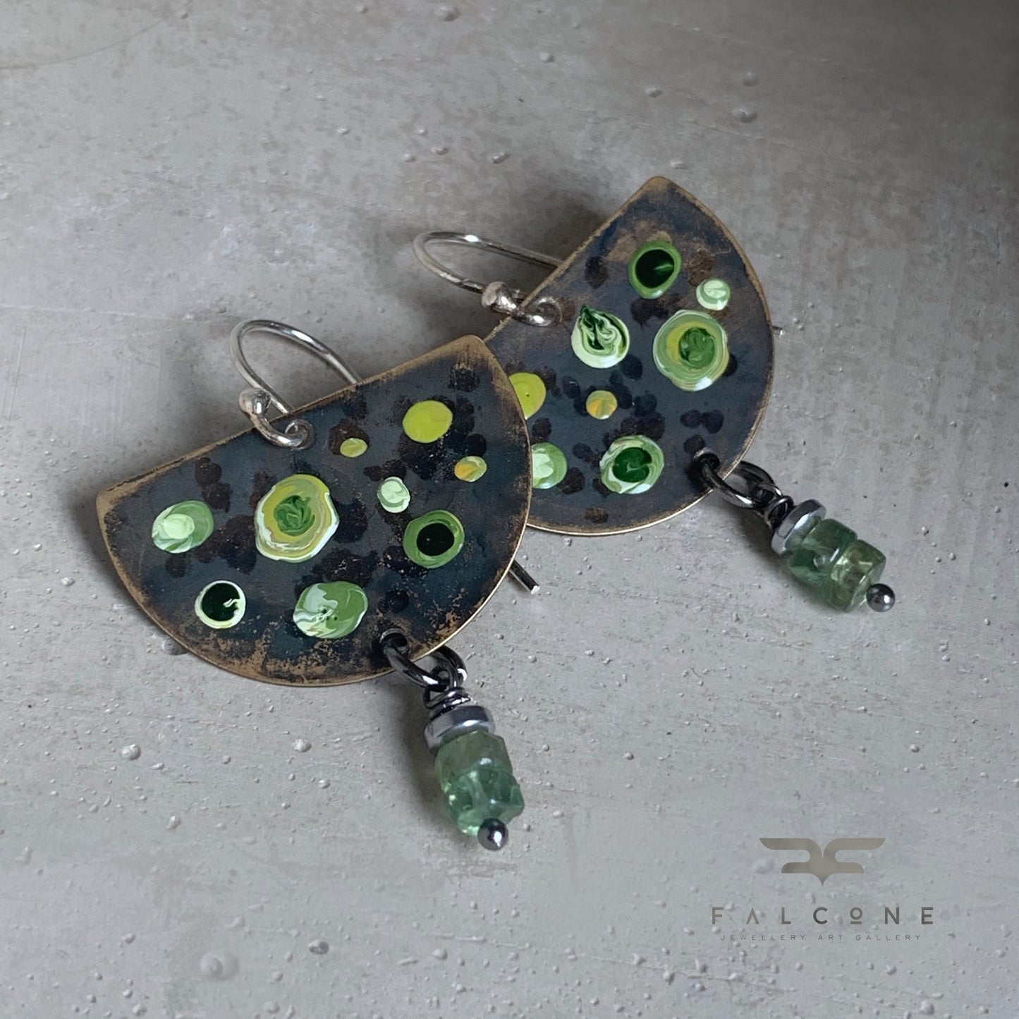 Brass, Apatite, and Silver Earrings 'Green Dots & Apatite'