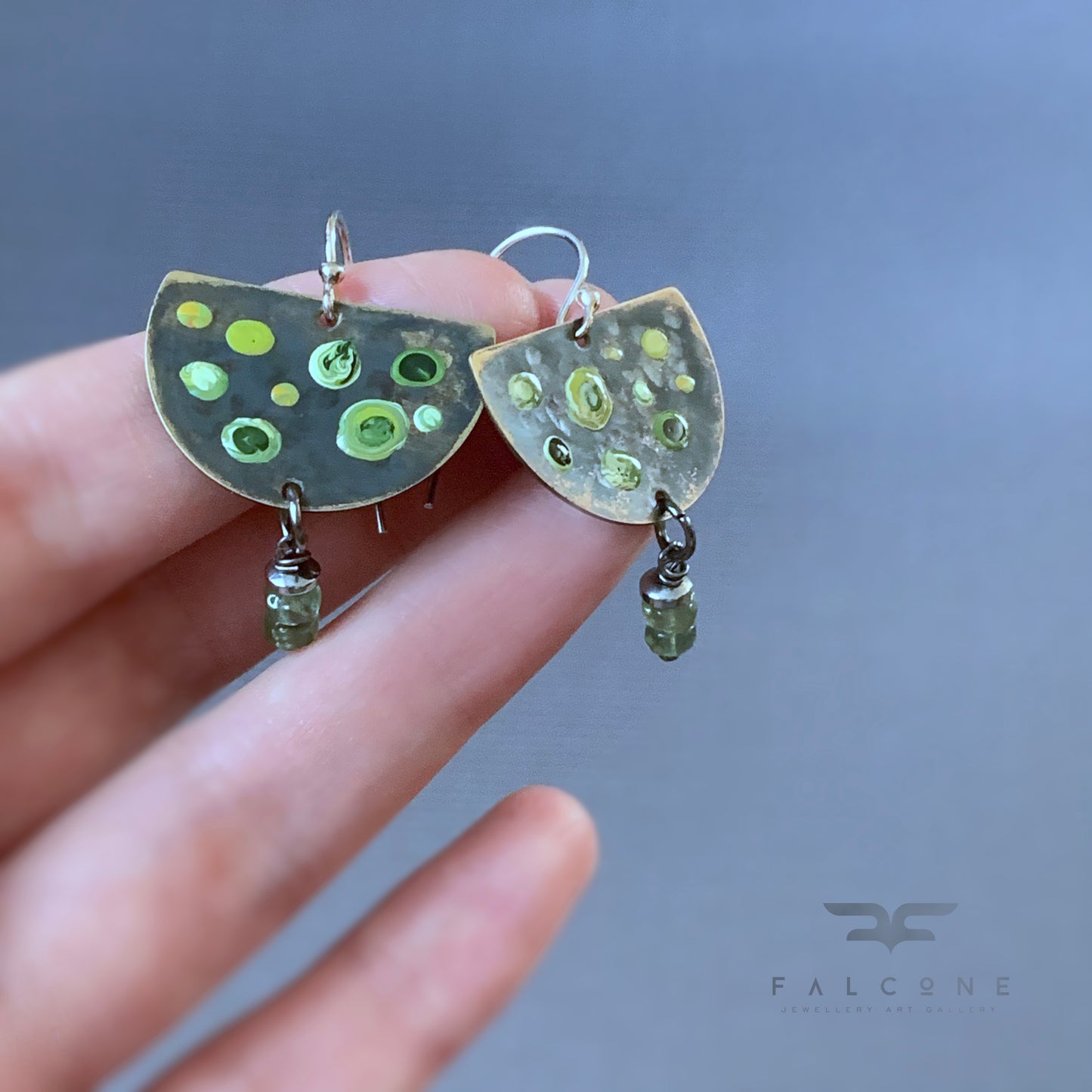 Brass, Apatite, and Silver Earrings 'Green Dots & Apatite'