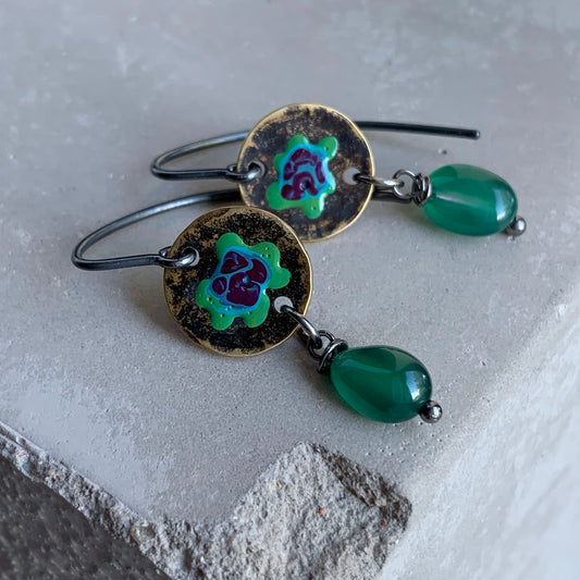 Brass, Agate and Sterling Silver Earrings 'Forest Flowers - Green & Purple'
