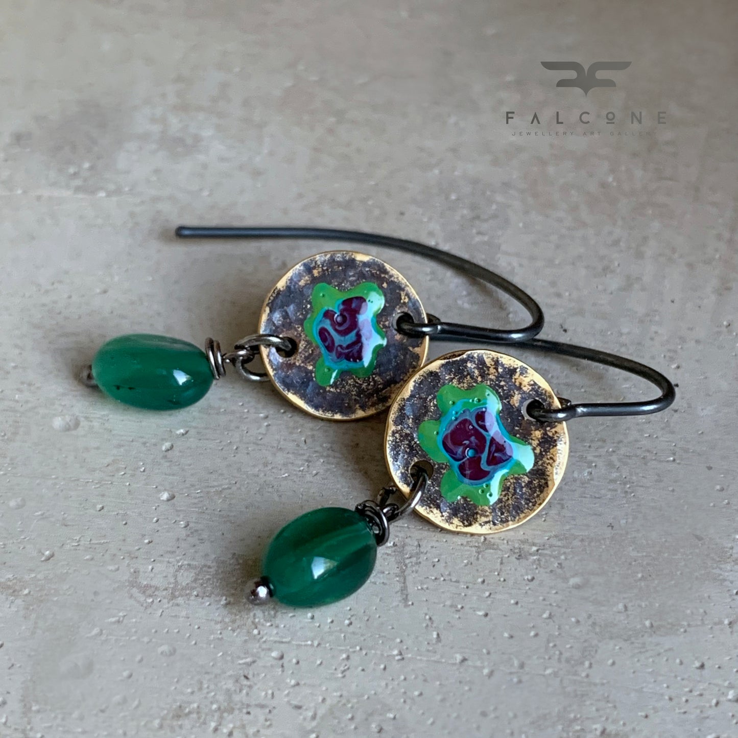 Brass, Agate and Sterling Silver Earrings 'Forest Flowers - Green & Purple'