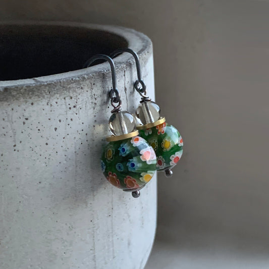 Glass and Silver Earrings 'Green Millefiori & Smoky Gray'