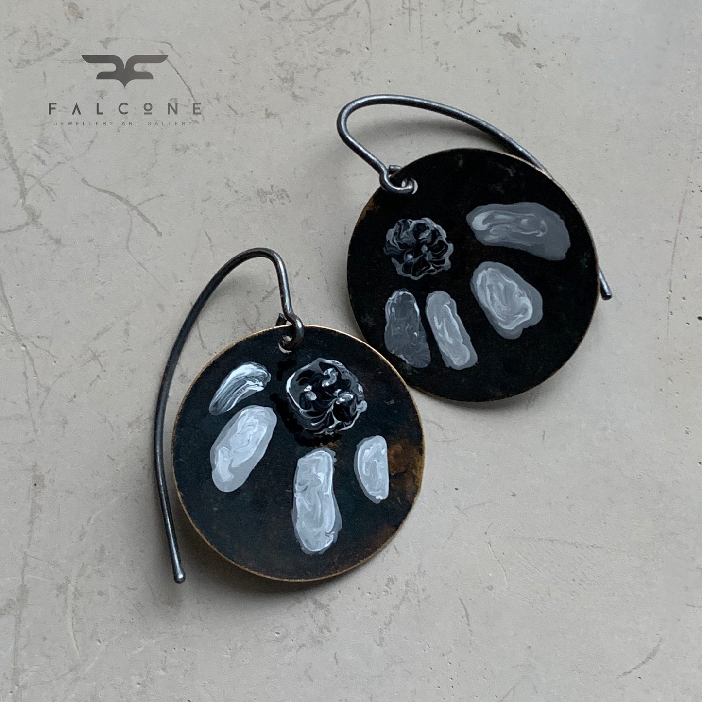 Brass and Sterling Silver Earrings 'White & Black Flower'