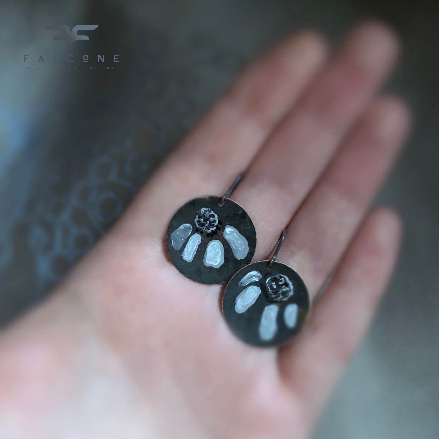 Brass and Sterling Silver Earrings 'White & Black Flower'