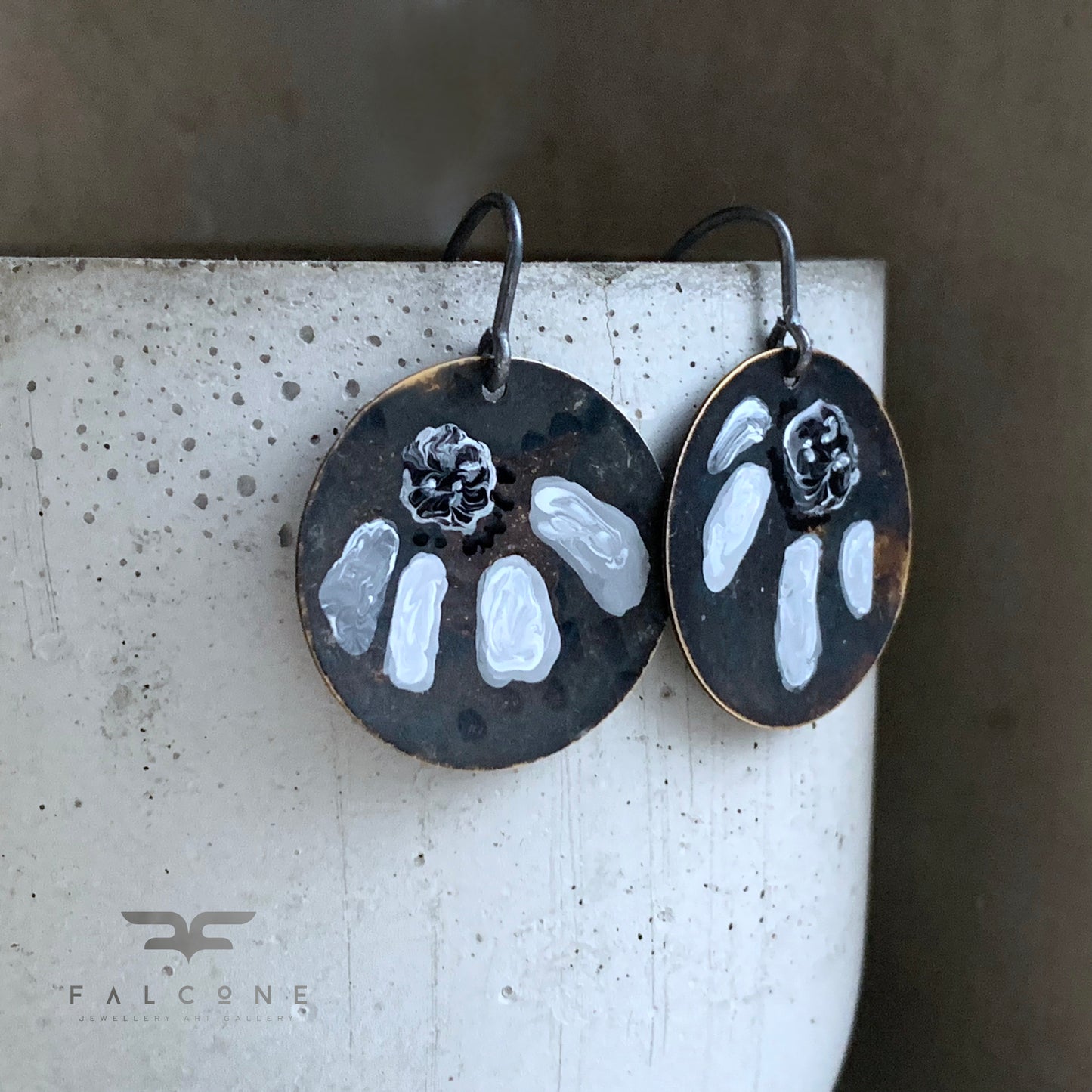 Brass and Sterling Silver Earrings 'White & Black Flower'