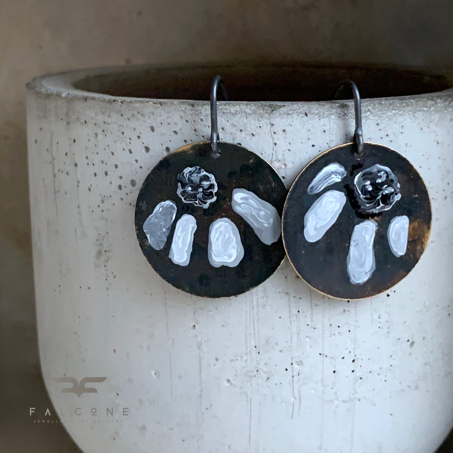 Brass and Sterling Silver Earrings 'White & Black Flower'