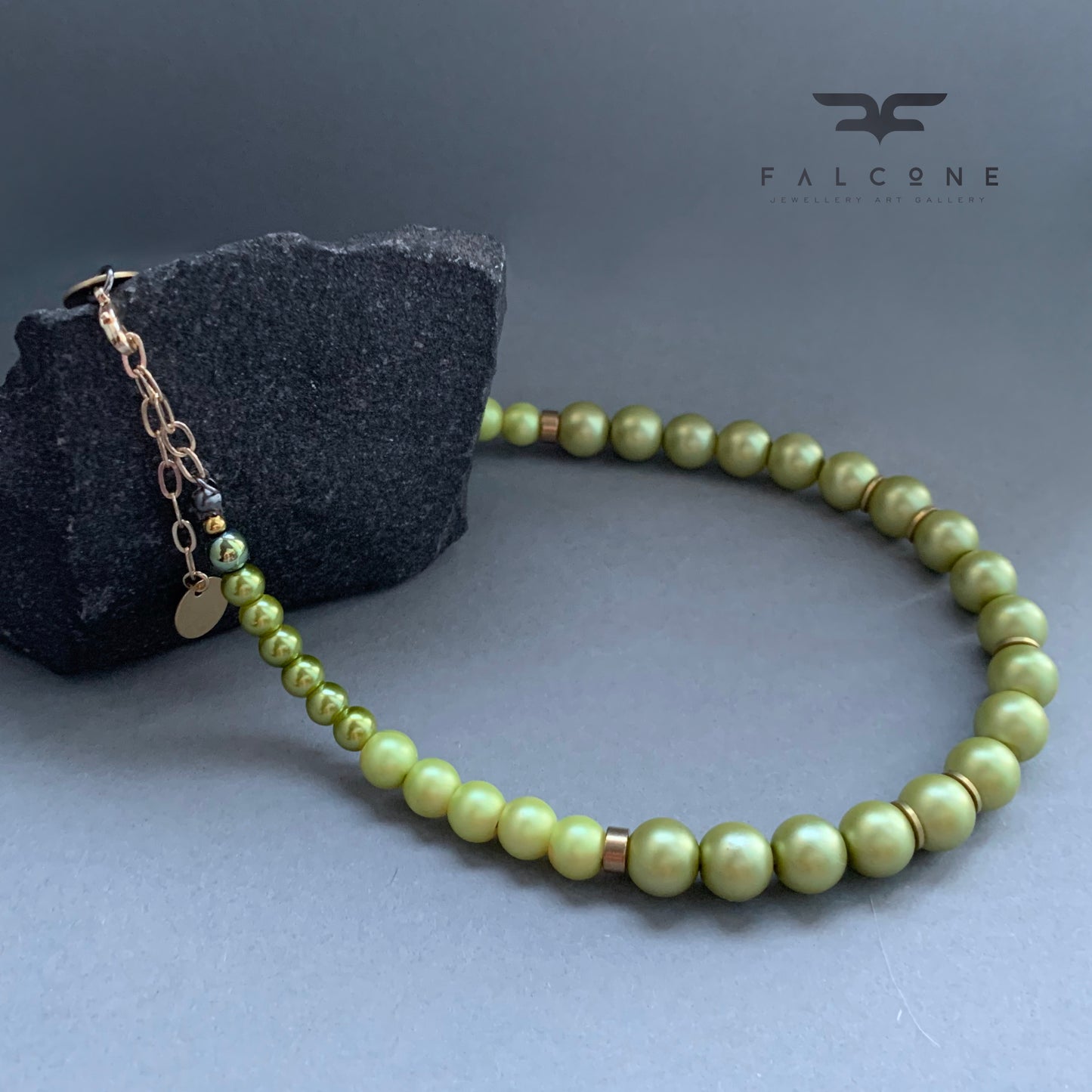 Glass Pearl and Plated Hematite Necklace / Choker 'Pistachio'