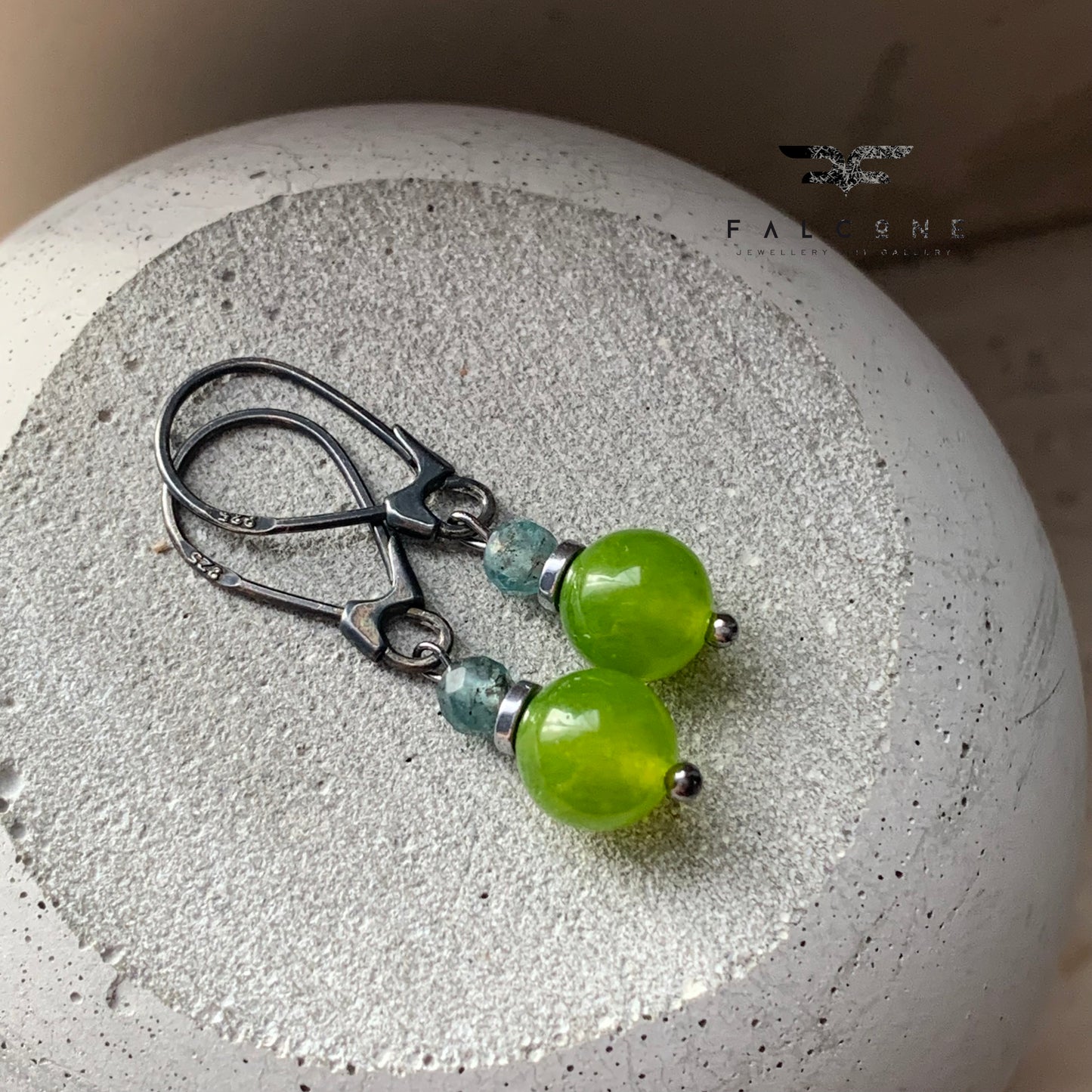 Earrings with jade and amazonite and silver closed earwires 'Green Apples'