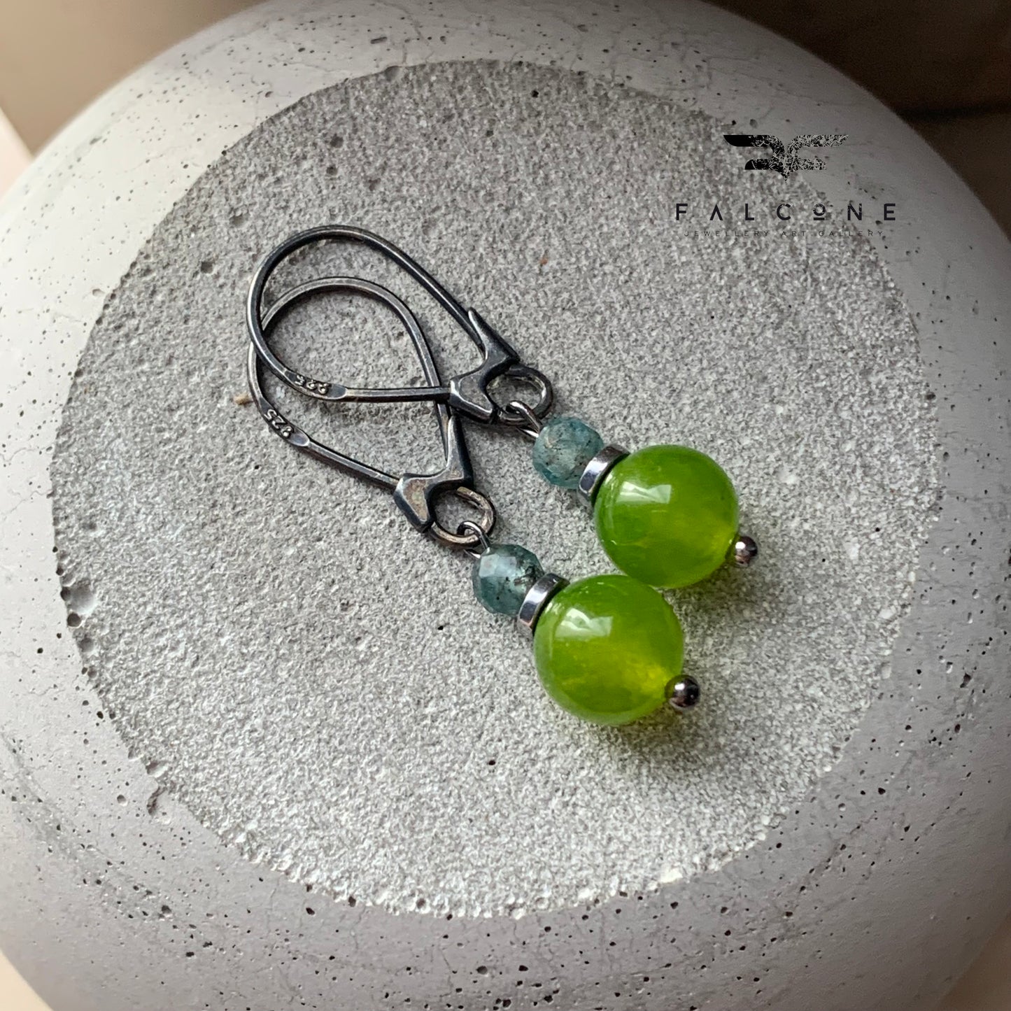 Earrings with jade and amazonite and silver closed earwires 'Green Apples'
