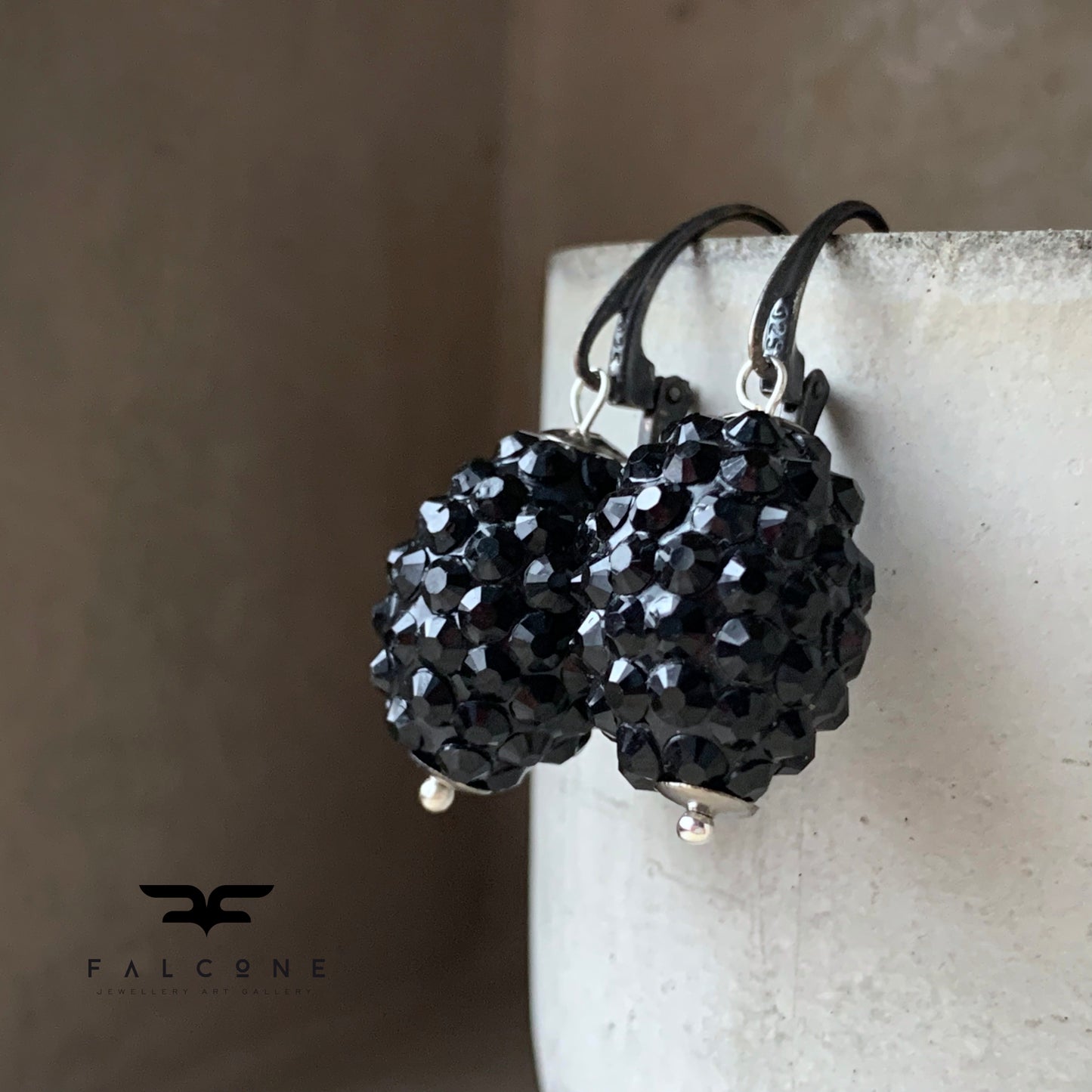 Earrings made of lacquer, decorated with black rhinestones 'Black Blackberries'