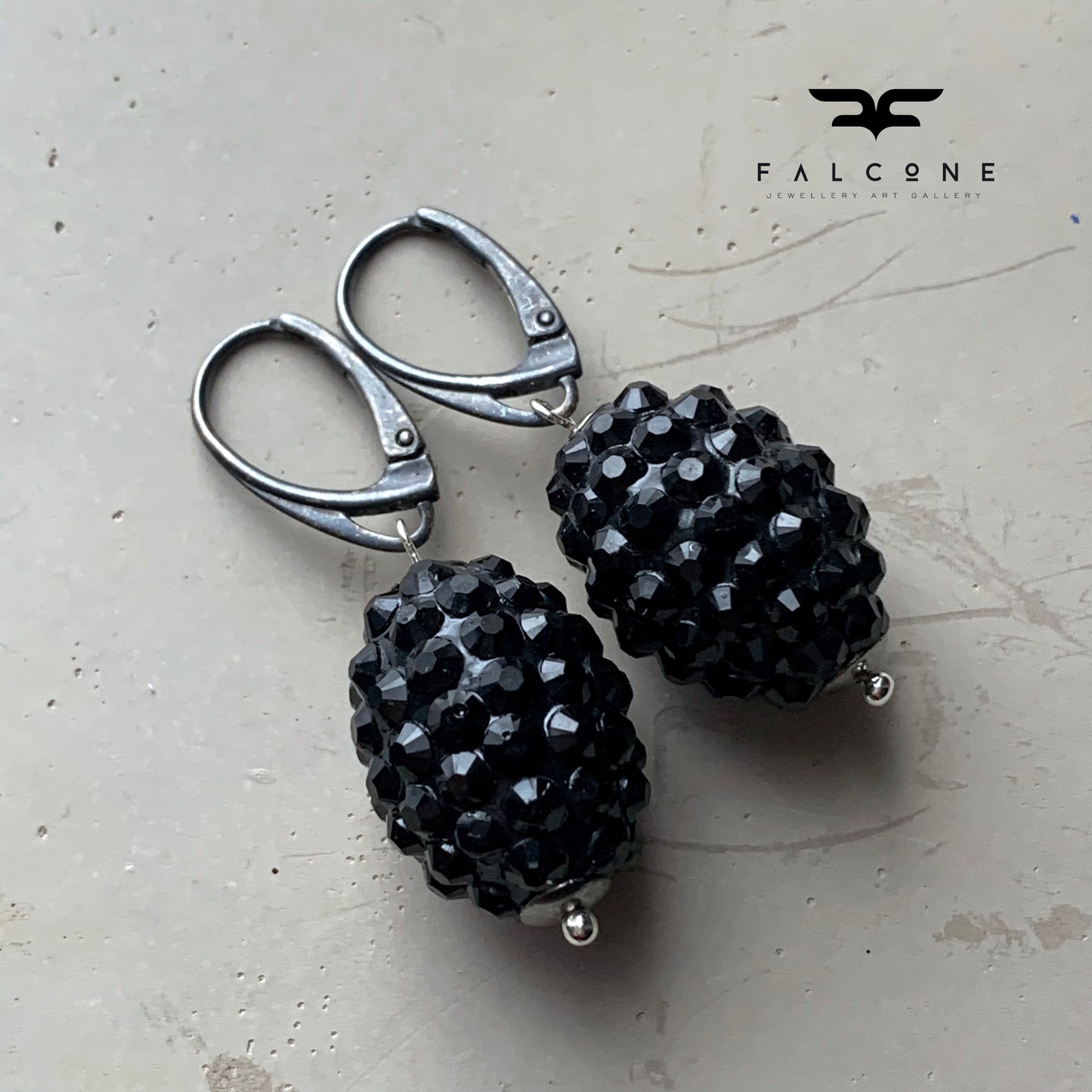 Earrings made of lacquer, decorated with black rhinestones 'Black Blackberries'