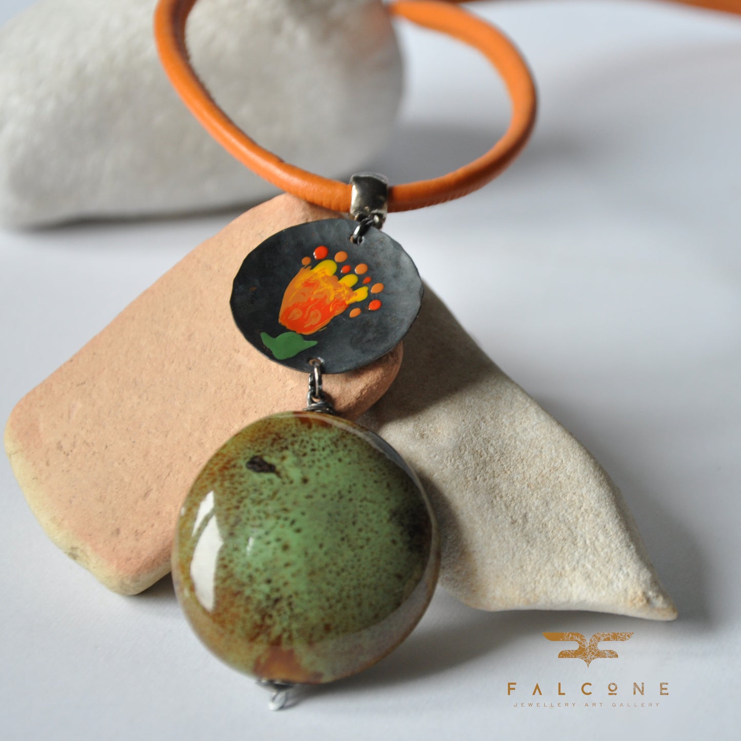 Necklace with decorative ceramic and copper pendant with enameled flower 'Pebble in the Garden'