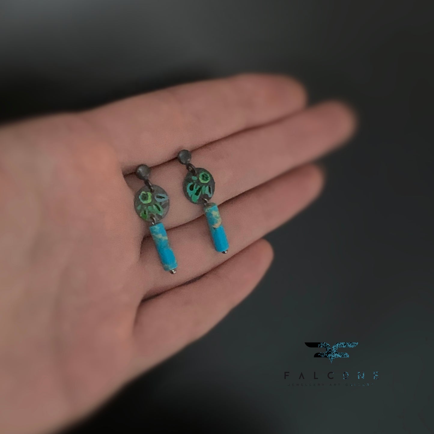 Silver stud earrings with imperial jasper 'Field Flowers in Blue'