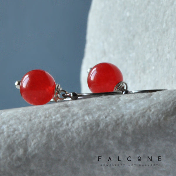 Artisan red agate earrings with silver setting 'Red Currant'