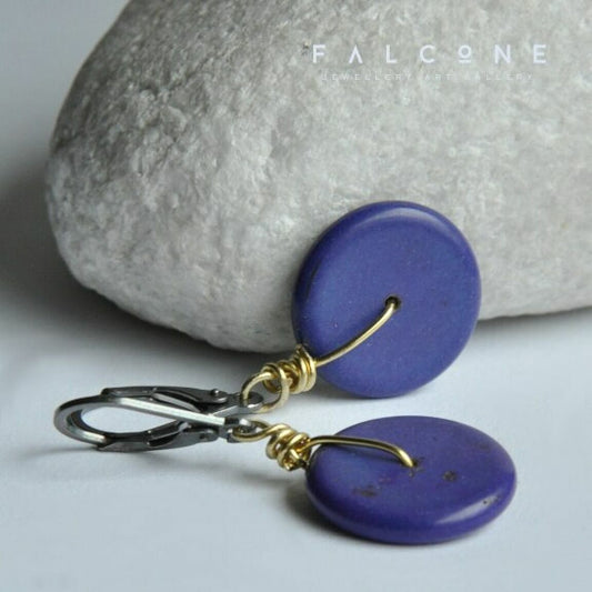 Handmade silver and brass earrings with howlite pastilles 'Purple Pastilles'