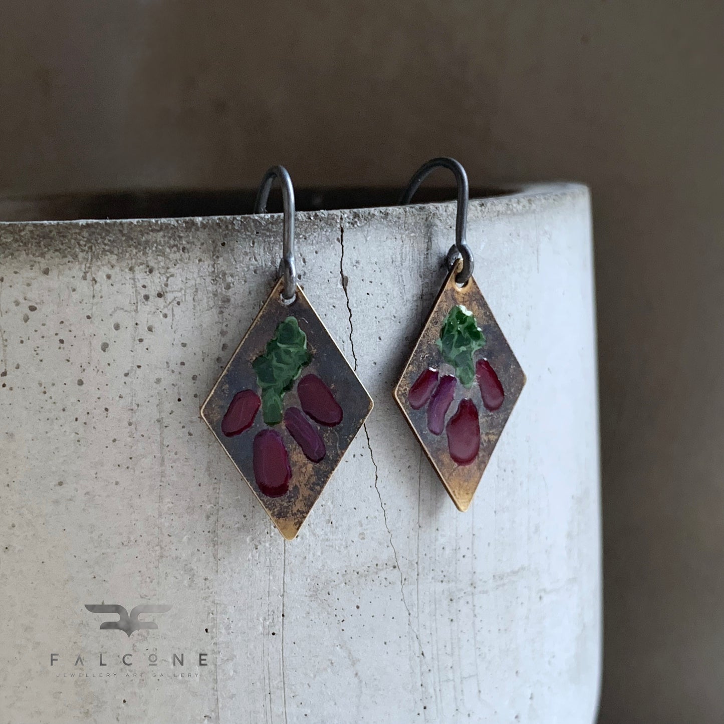 Brass and Silver Earrings 'Little Flowers - Antique Bordeaux & Dark Green'