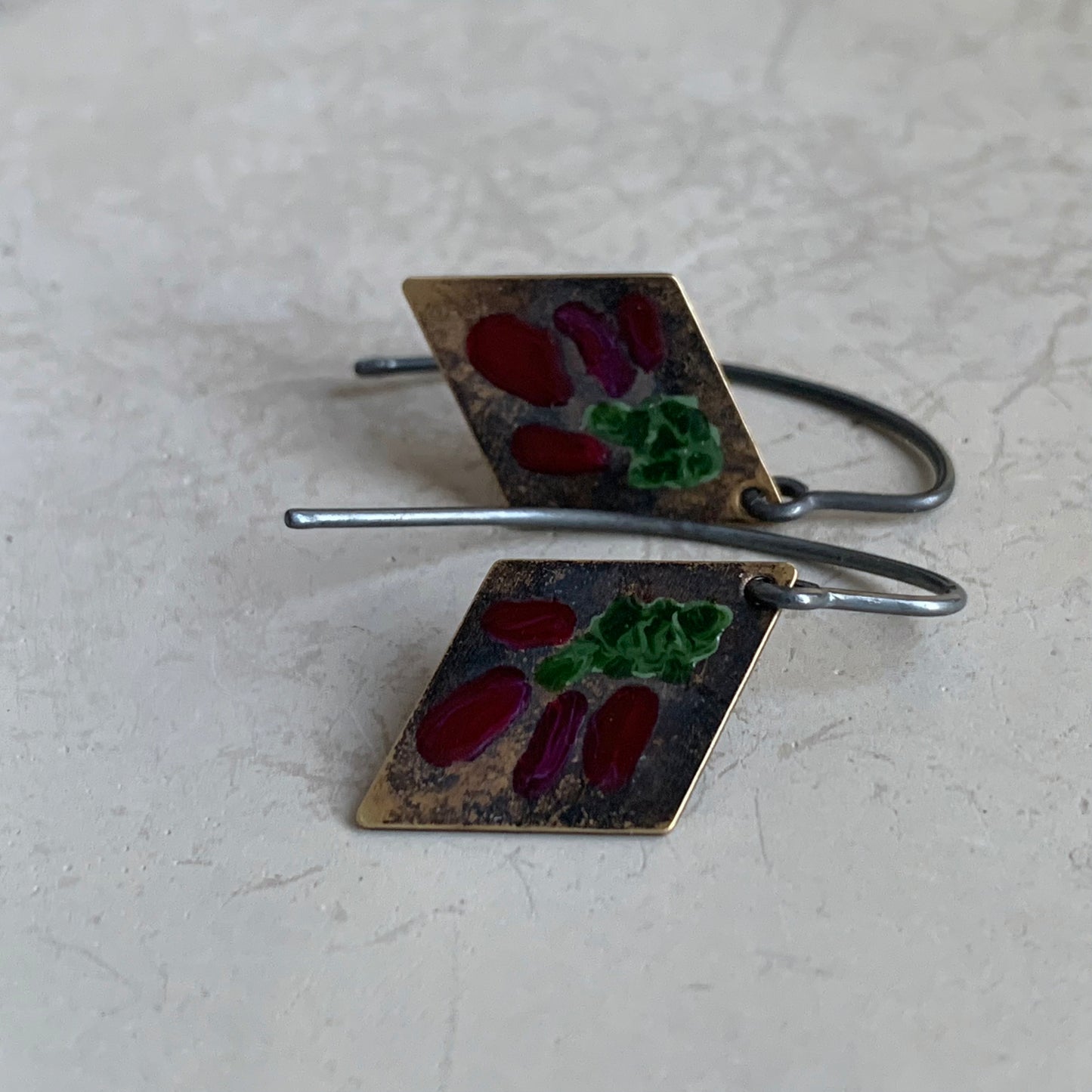 Brass and Silver Earrings 'Little Flowers - Antique Bordeaux & Dark Green'