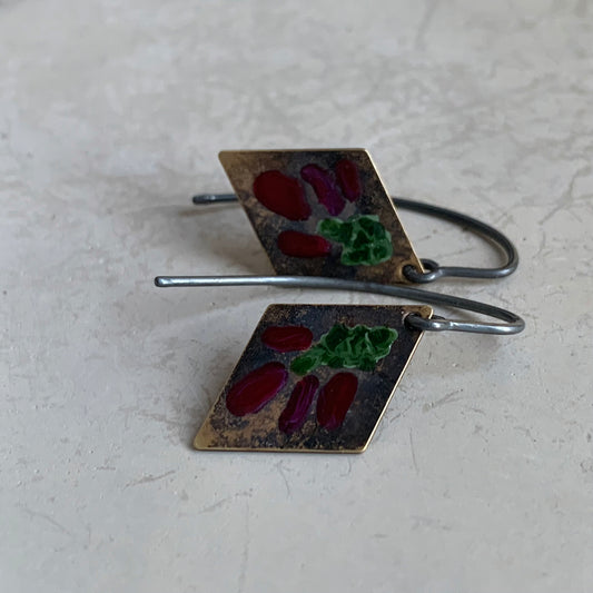 Brass and Silver Earrings 'Little Flowers - Antique Bordeaux & Dark Green'