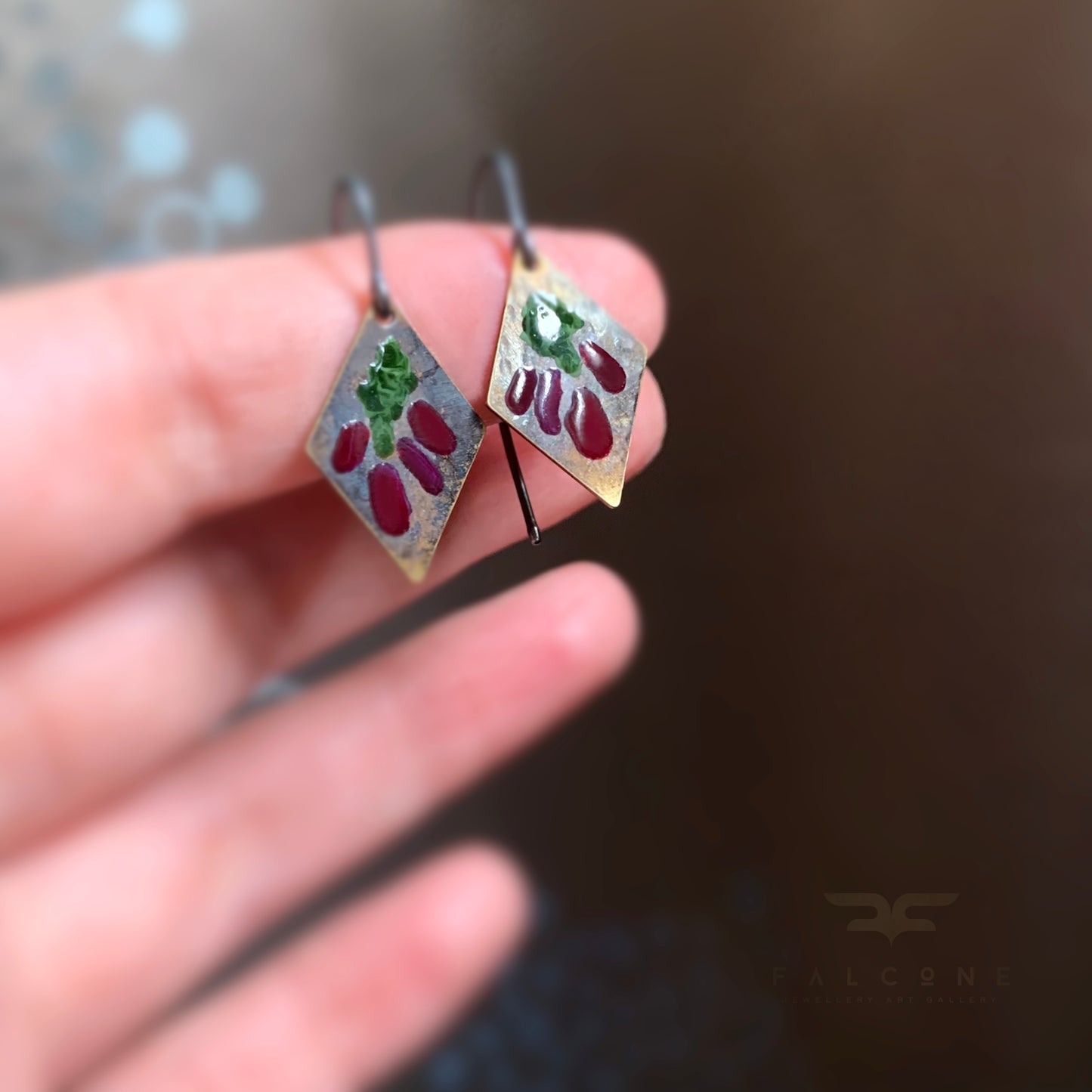 Brass and Silver Earrings 'Little Flowers - Antique Bordeaux & Dark Green'