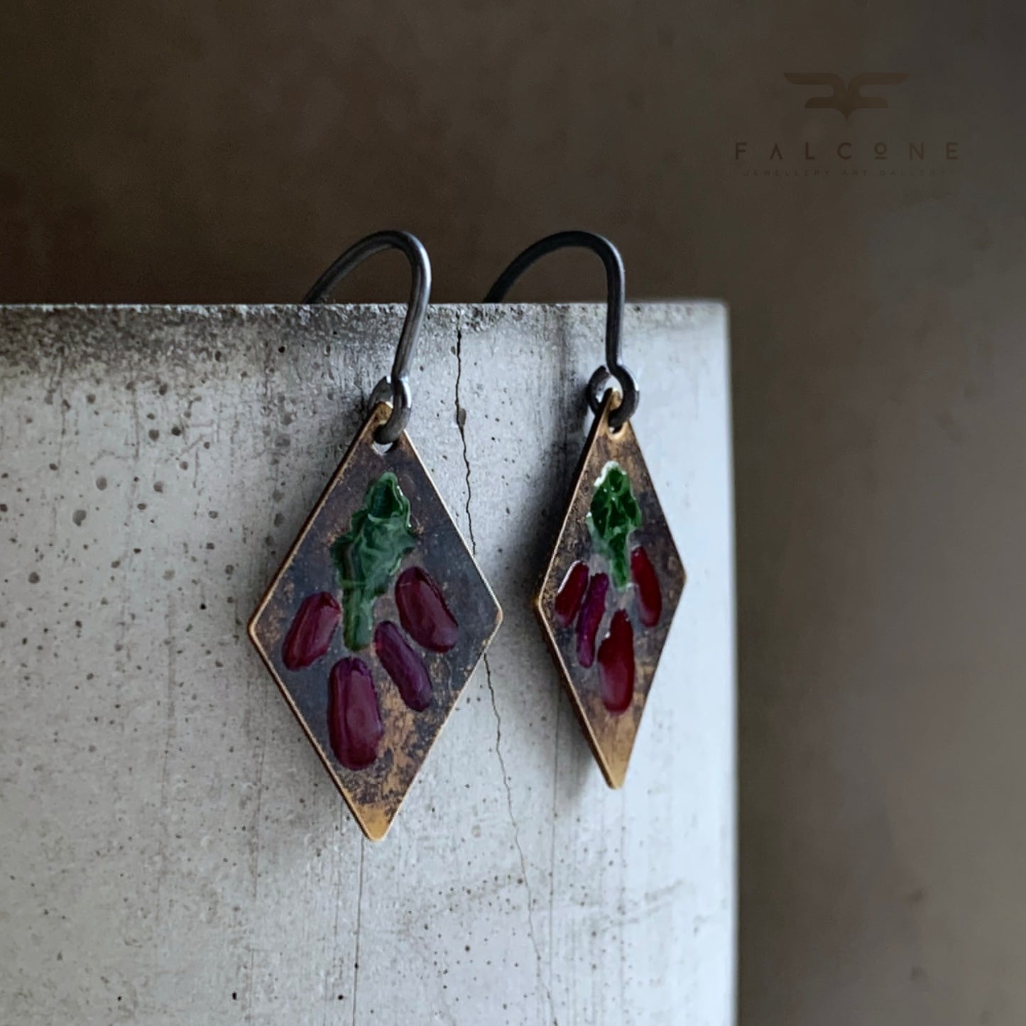 Brass and Silver Earrings 'Little Flowers - Antique Bordeaux & Dark Green'