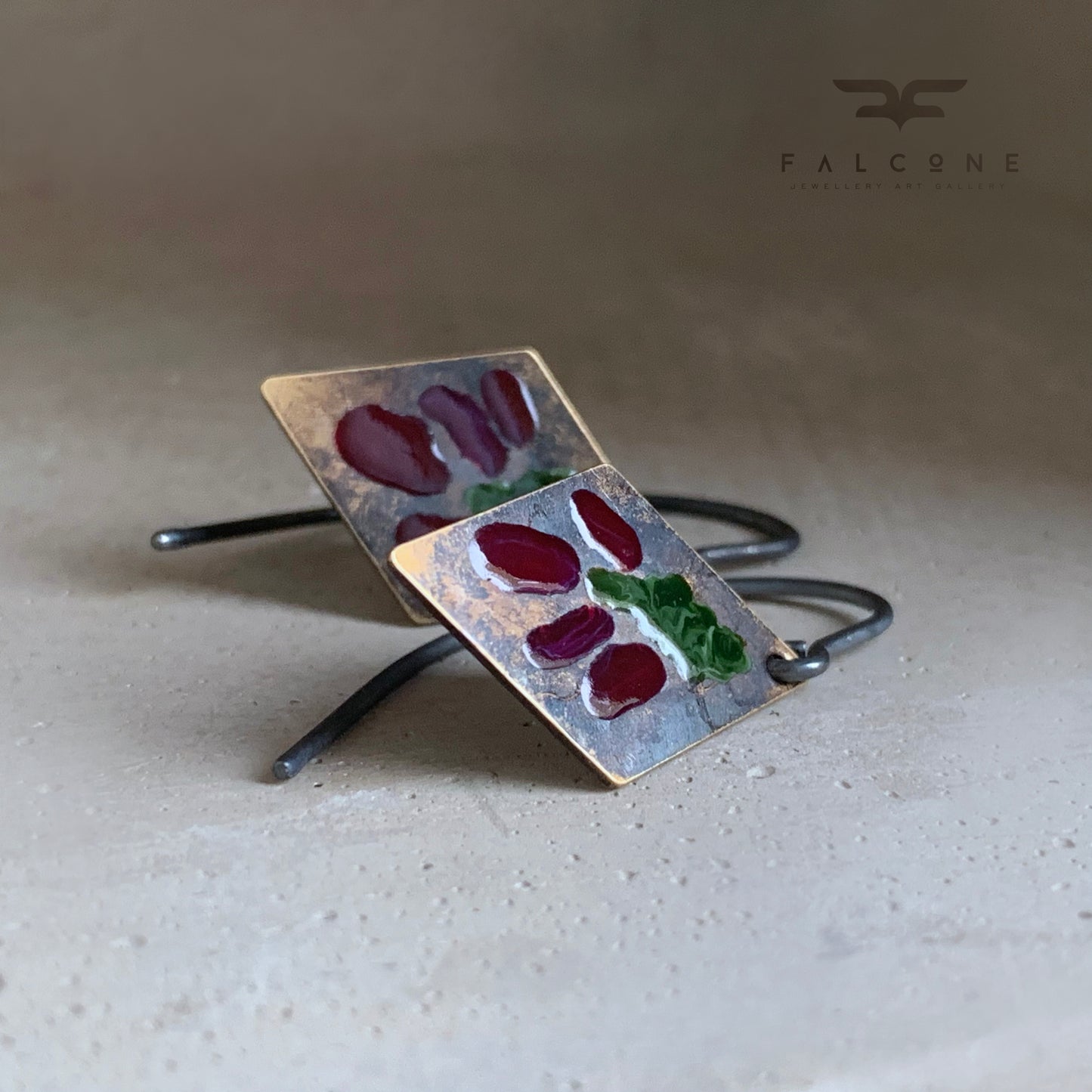 Brass and Silver Earrings 'Little Flowers - Antique Bordeaux & Dark Green'