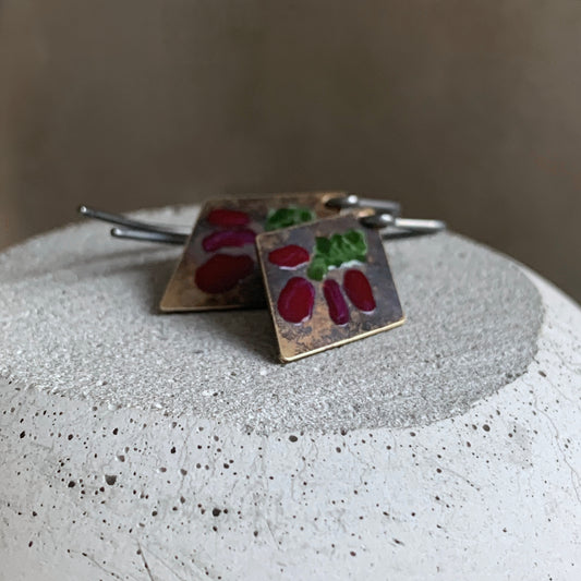 Brass and Silver Earrings 'Little Flowers - Antique Bordeaux & Dark Green'