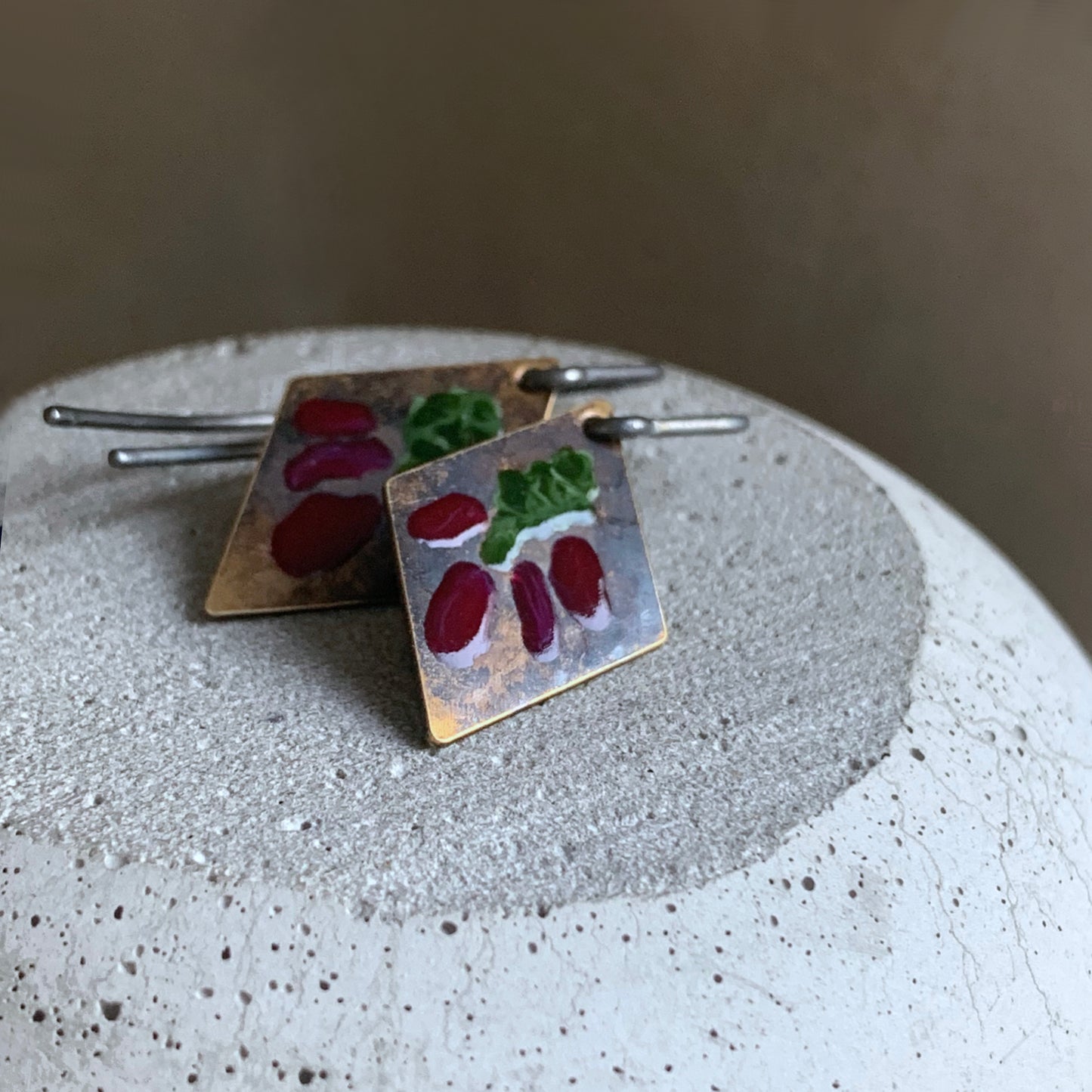 Brass and Silver Earrings 'Little Flowers - Antique Bordeaux & Dark Green'