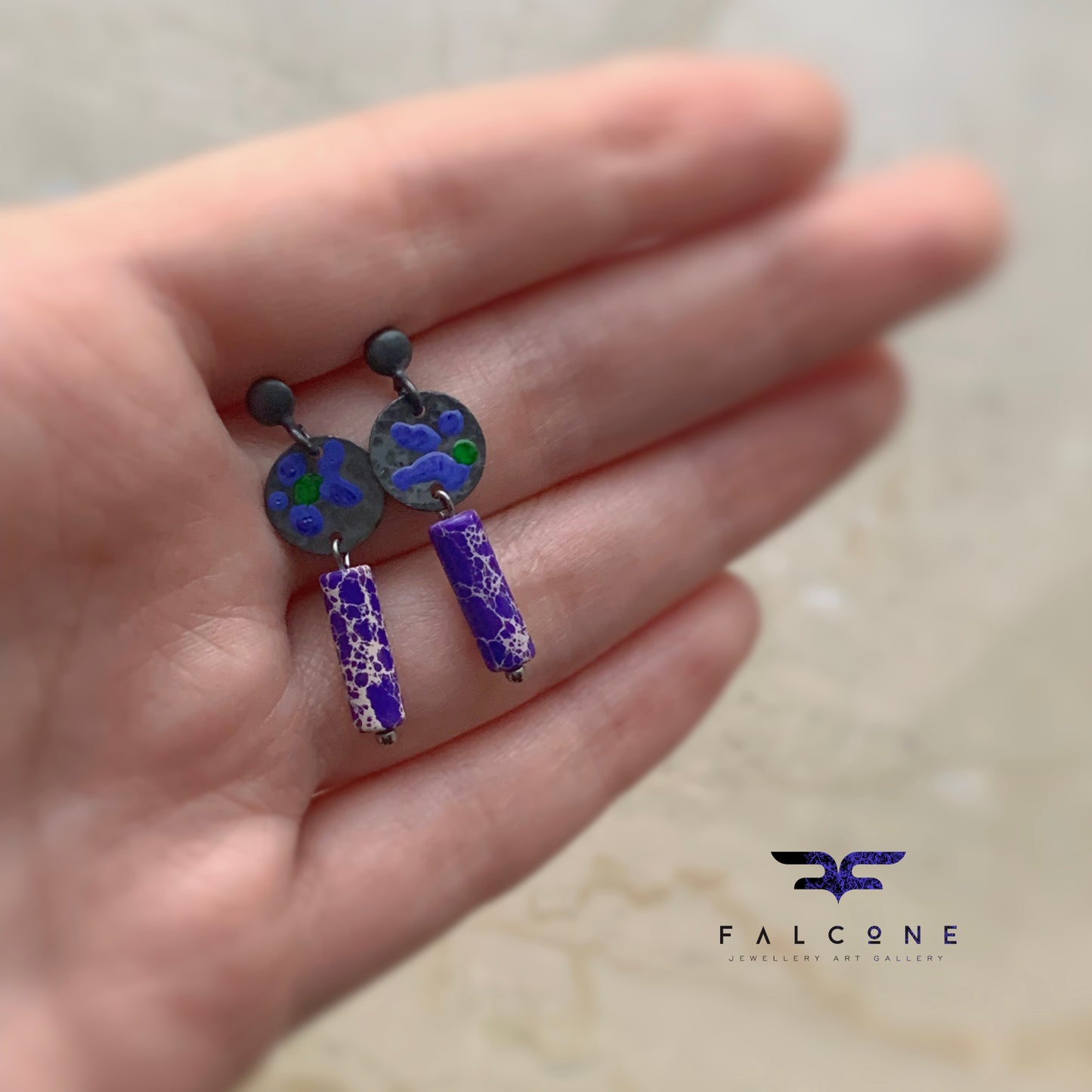 Silver stud earrings with imperial jasper 'Field Flowers - Purple Jasper with an Accent of Green'